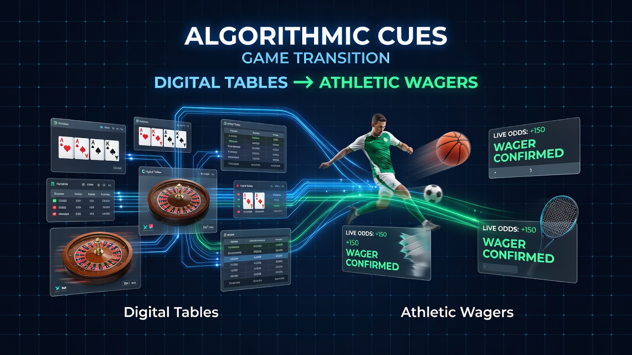 Mobile app interface showing seamless transitions between poker tables and sports betting sections with algorithmic prompts