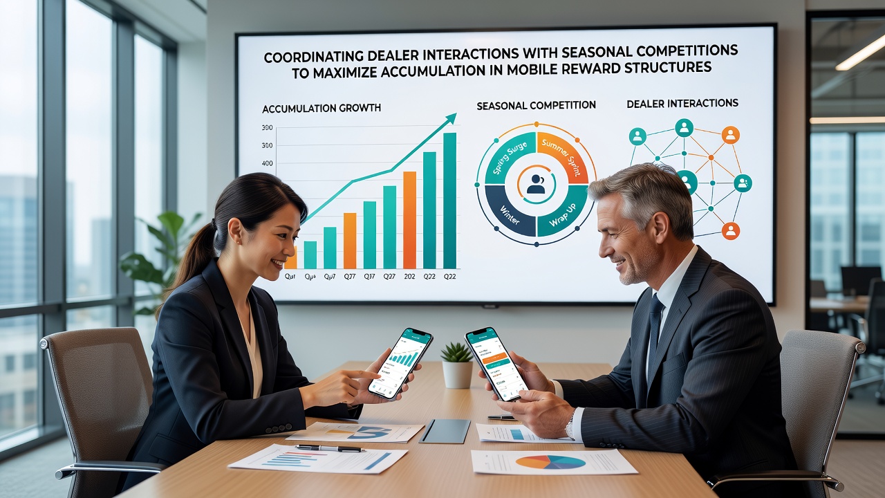 Mobile app interface showing dealer interactions during a seasonal competition with reward accumulation metrics displayed