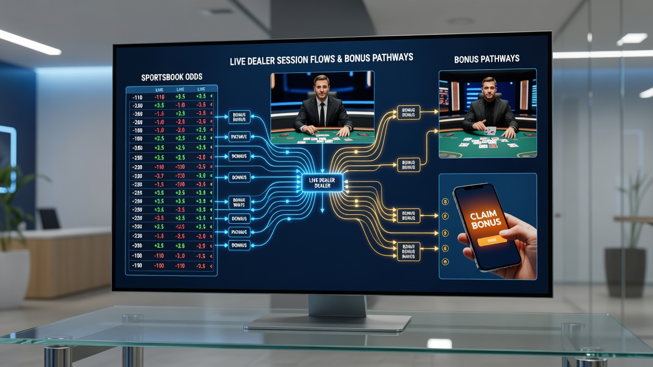 Flowchart diagram illustrating data pathways between sportsbook odds, live dealer sessions, and bonus reward systems on mobile