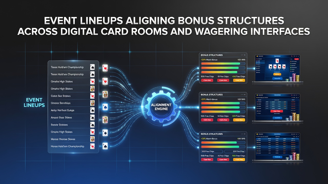 Digital interfaces displaying synchronized tournament schedules and bonus alignments across poker rooms and betting platforms
