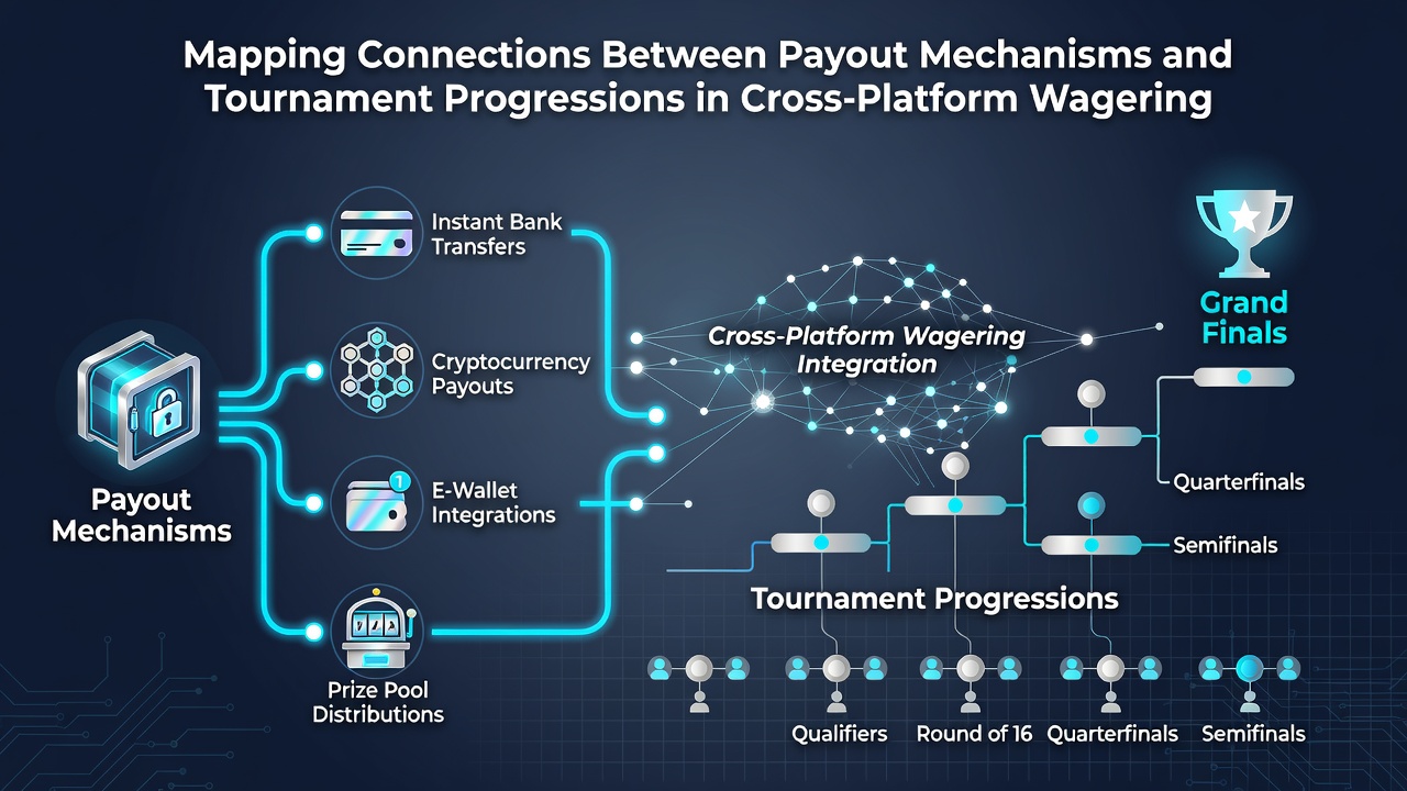 Flowchart showing how tournament progression milestones connect to automated payout releases in cross-platform systems