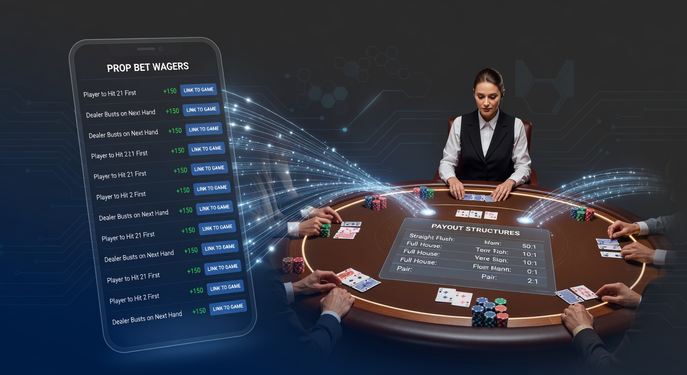 Mobile interface displaying prop bet options integrated with live dealer cash game tables and real-time payout indicators