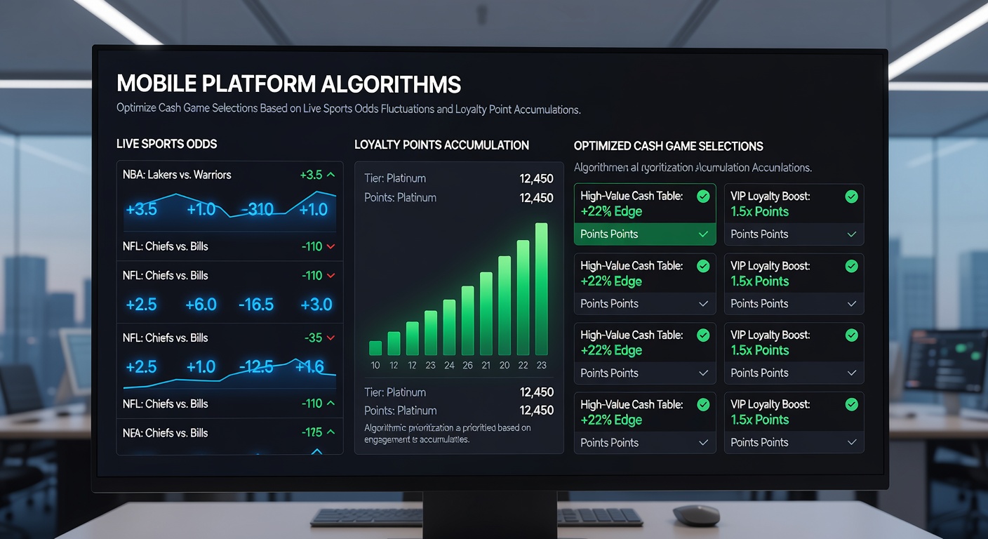 Mobile app interface displaying cash game options alongside real-time sports odds and loyalty point trackers