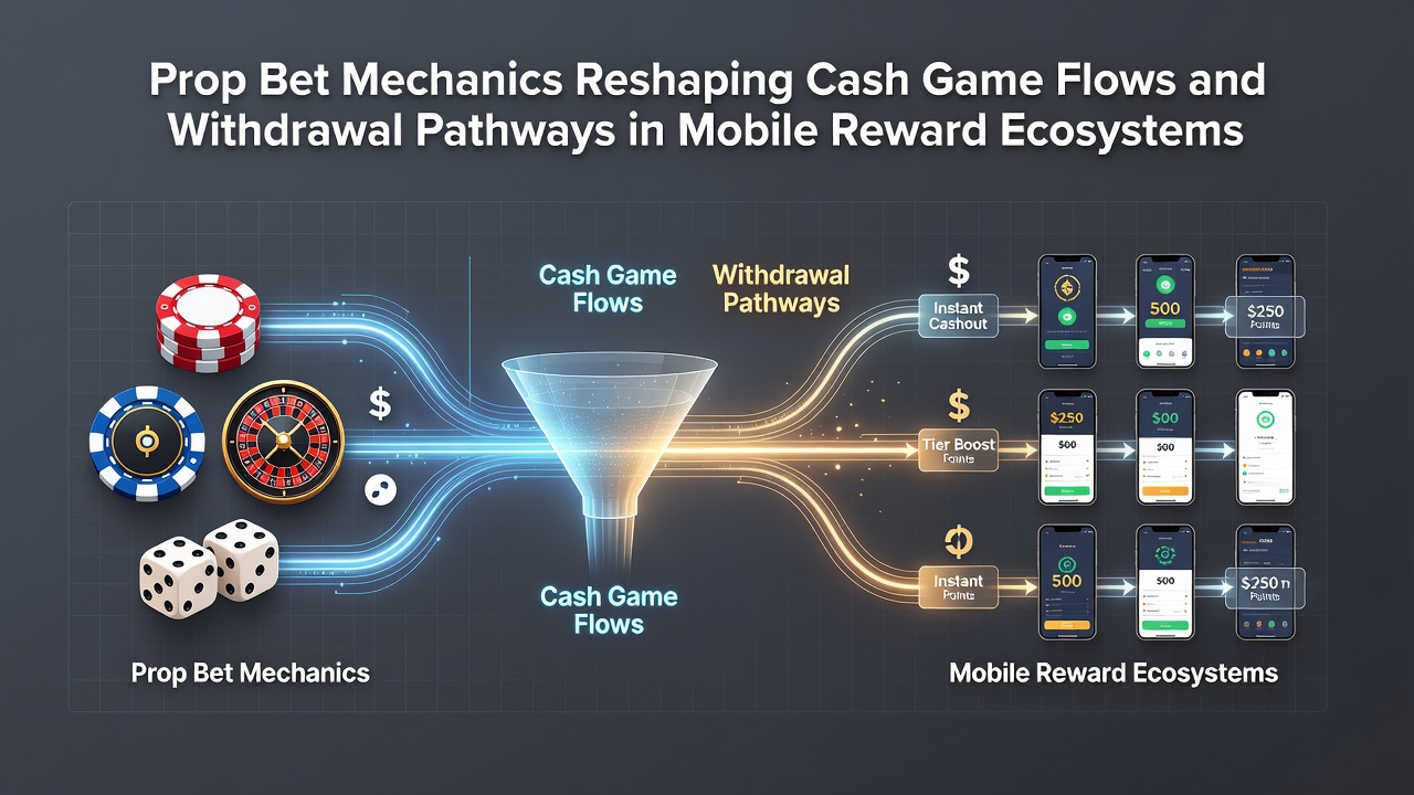 Mobile app interface showing prop bet options integrated with cash game tables and reward progress indicators