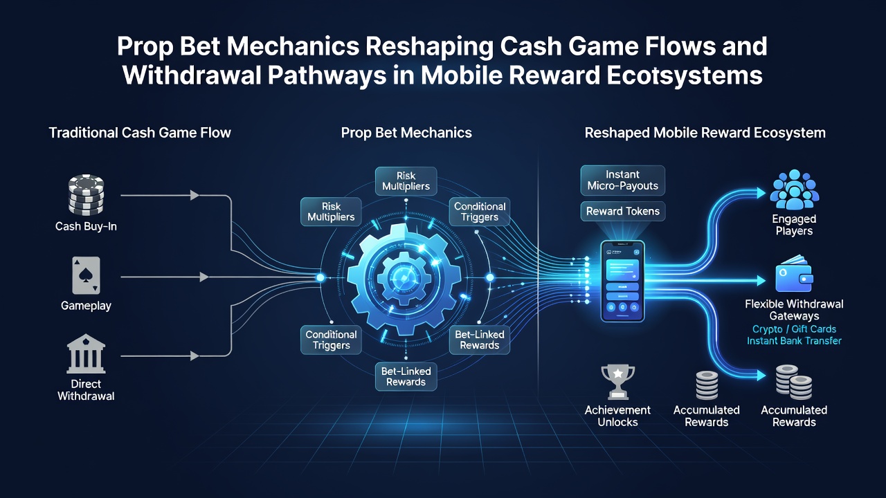 Flowchart-style graphic illustrating prop bet resolution leading to cash game credits and withdrawal options in a mobile reward dashboard