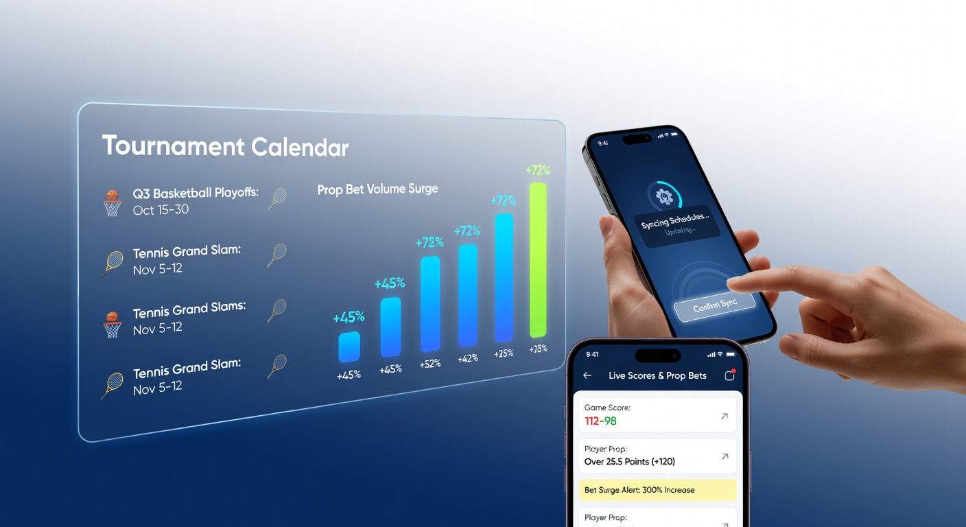 Mobile betting app displaying synced tournament calendar with live prop bet options and surging wager volumes