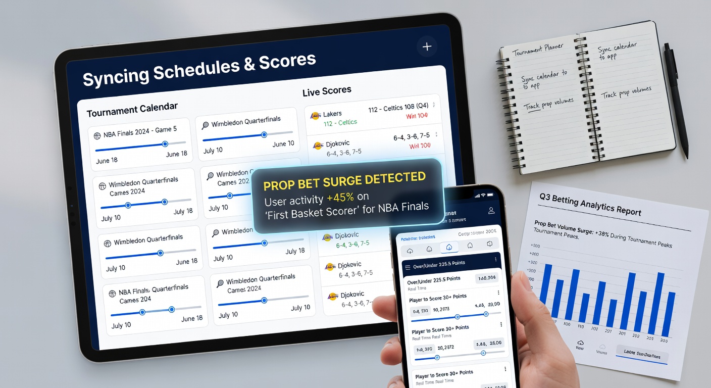 Close-up of a smartphone screen showing live tournament scores integrated with prop bet markets and calendar overlays
