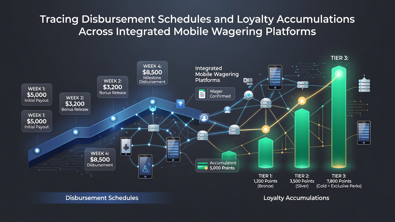 Mobile wagering platform interface showing disbursement timelines and loyalty point trackers side by side