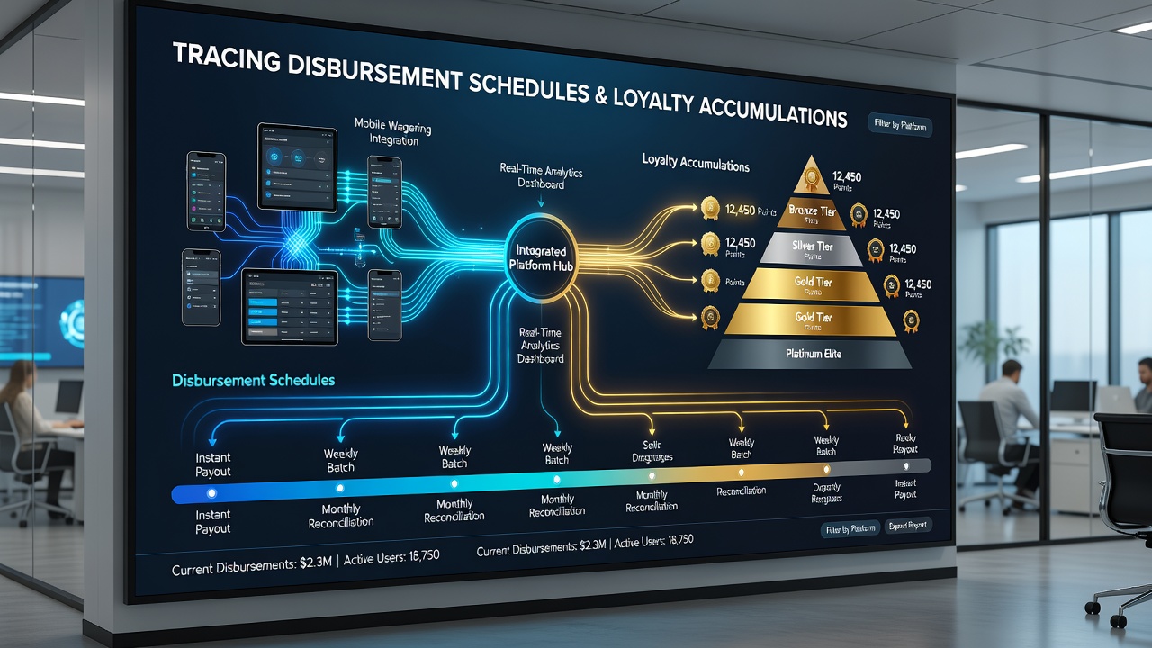 Dashboard view of loyalty tier progress and pending disbursement calendar across poker and sports modules