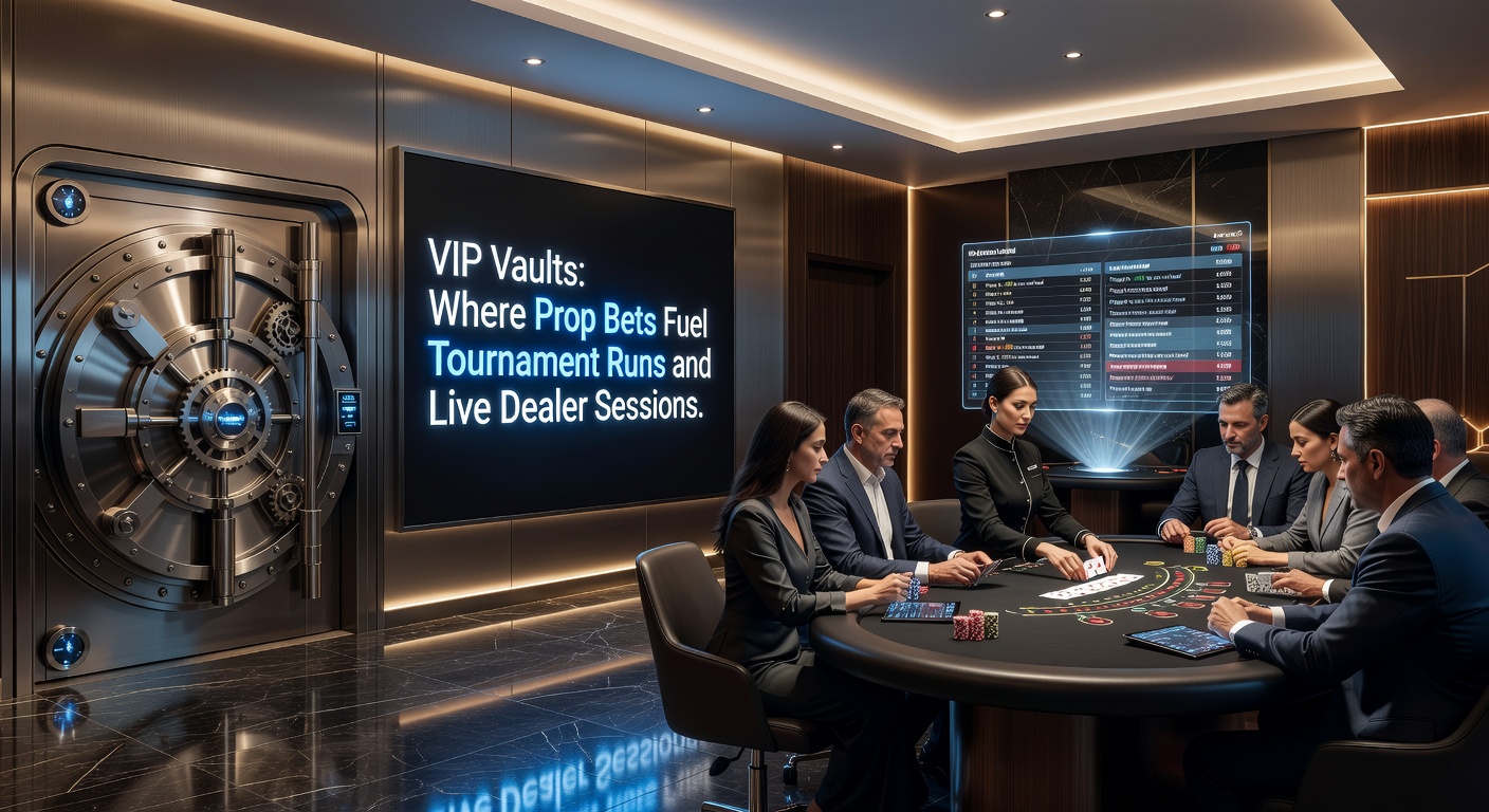 Dynamic scene of a player at a live dealer table with vault icons overlaying prop bet interfaces and tournament leaderboards