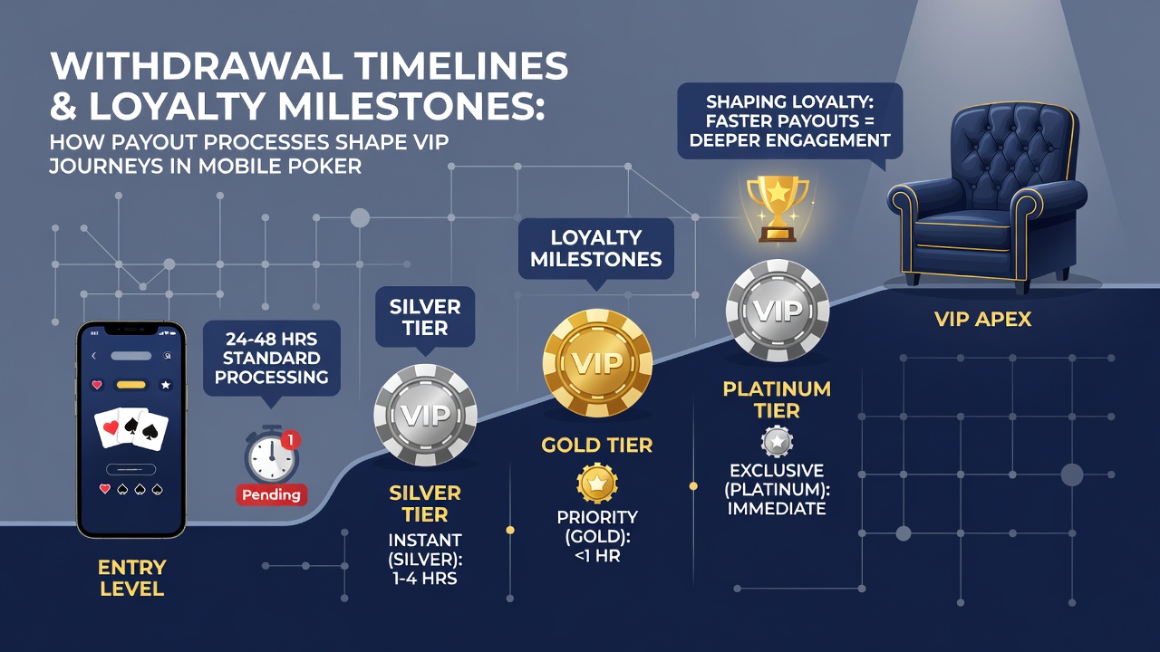 Mobile poker VIP journey showing payout processes and loyalty milestones